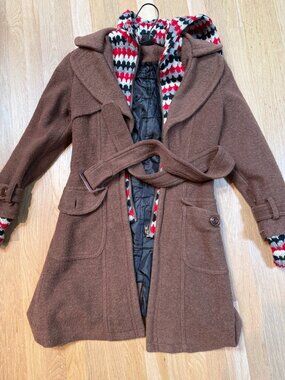 JLP Collection Brown Wool Belted Coat with Knit Hood